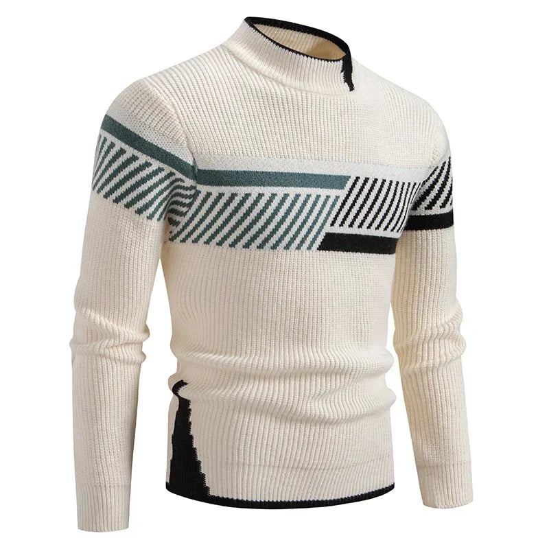 Casaco masculino de outono em creme com detalhes geométricos em preto e verde, ideal para dias frescos