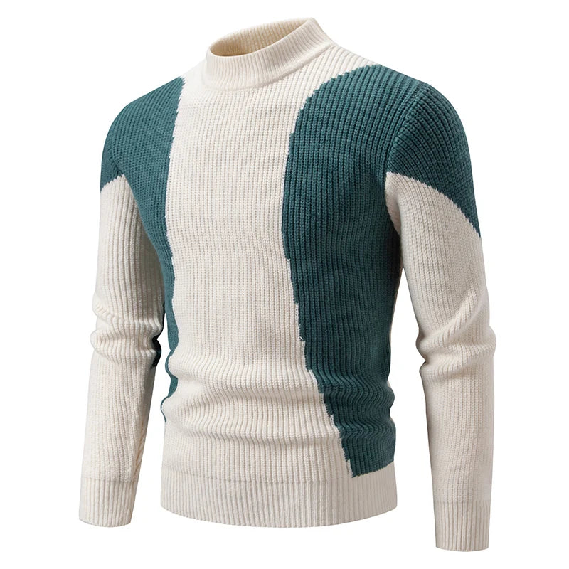 Casaco masculino de outono em malha com design moderno em verde e creme, ideal para dias frescos