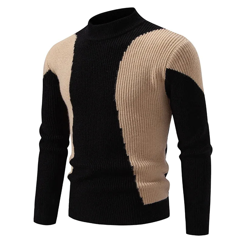 Casaco masculino de outono em malha, com design moderno em preto e bege, ideal para dias frios