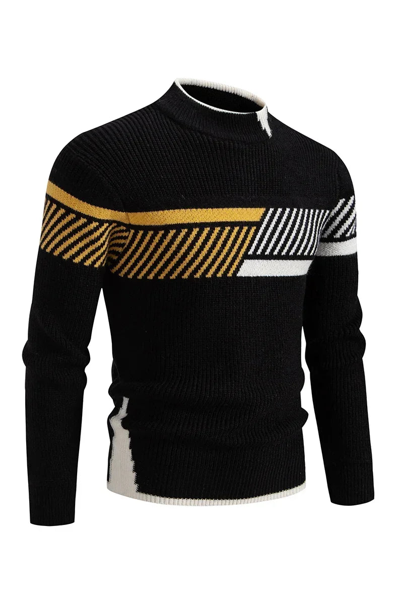 Casaco masculino de outono em malha preta com detalhes em amarelo e branco, ideal para dias frescos.