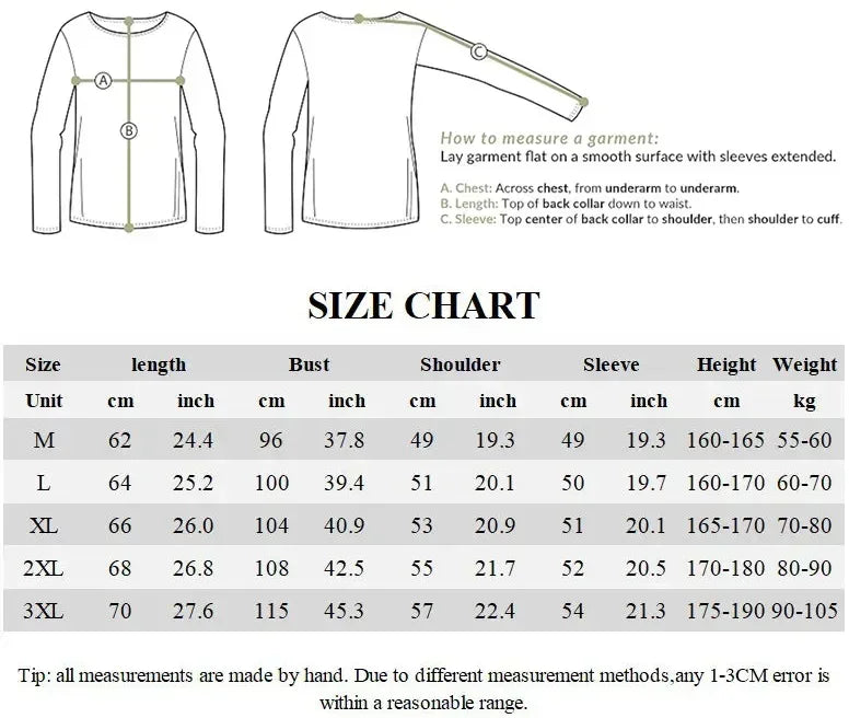 Tabela de medidas para casaco masculino de outono com variações de tamanhos M a 3XL.