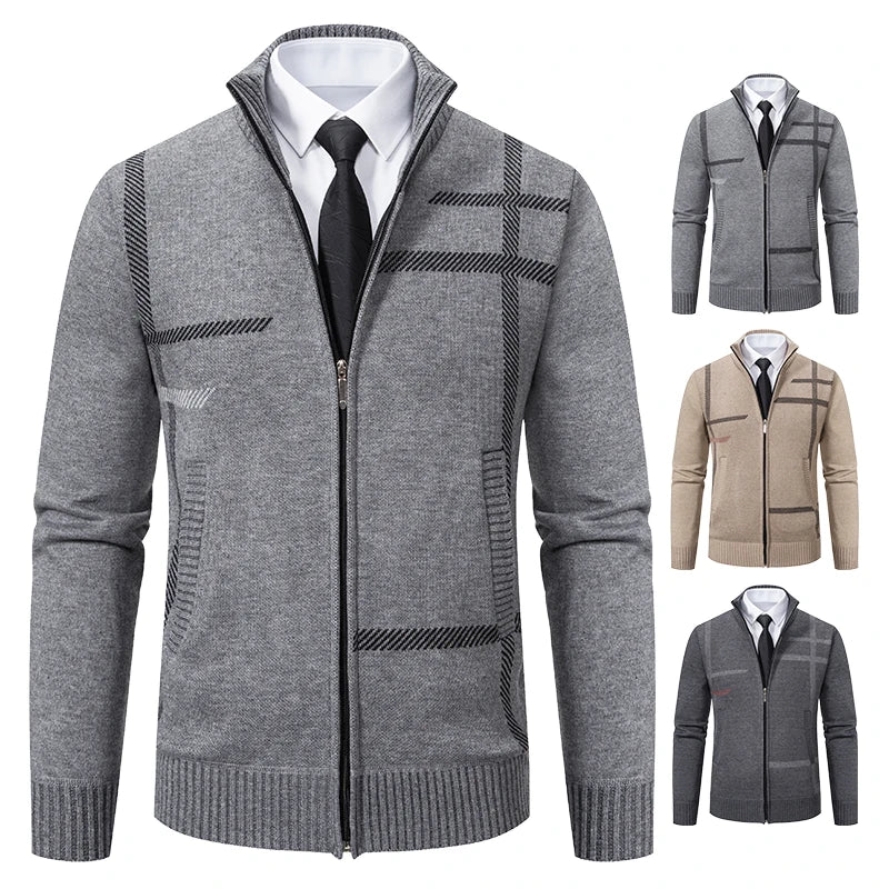 Casaco masculino outono em cinza e bege, com zíper e design elegante para ocasiões casuais.