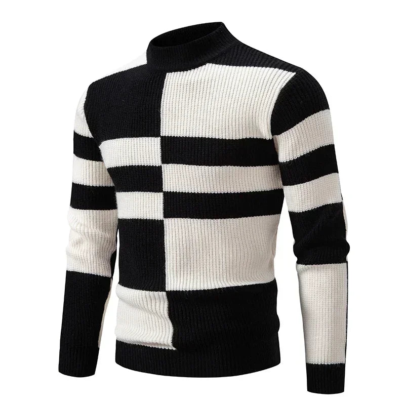 Casaco masculino outono inverno em malha com design quadriculado em preto e branco