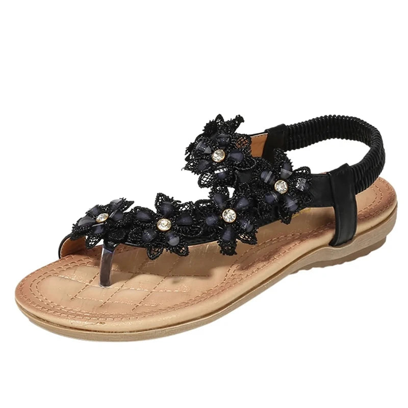 Sandálias femininas com flores da CEYANEAO em preto, com detalhes em strass e solado confortável
