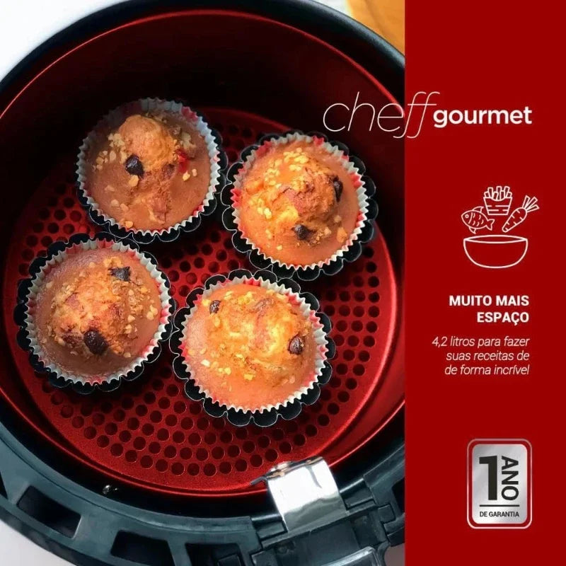 Fritadeira de ar chef gourmet 4,2 litros com bolinhos assados, ideal para receitas saudáveis