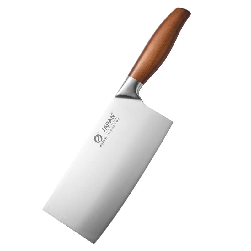 Faca de cozinha japonesa com lâmina larga e cabo de madeira, ideal como facas de chef profissional