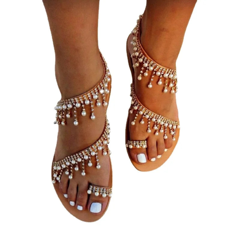 Sandálias femininas BKQU decoradas com pérolas, ideais como chinelos romanos de praia