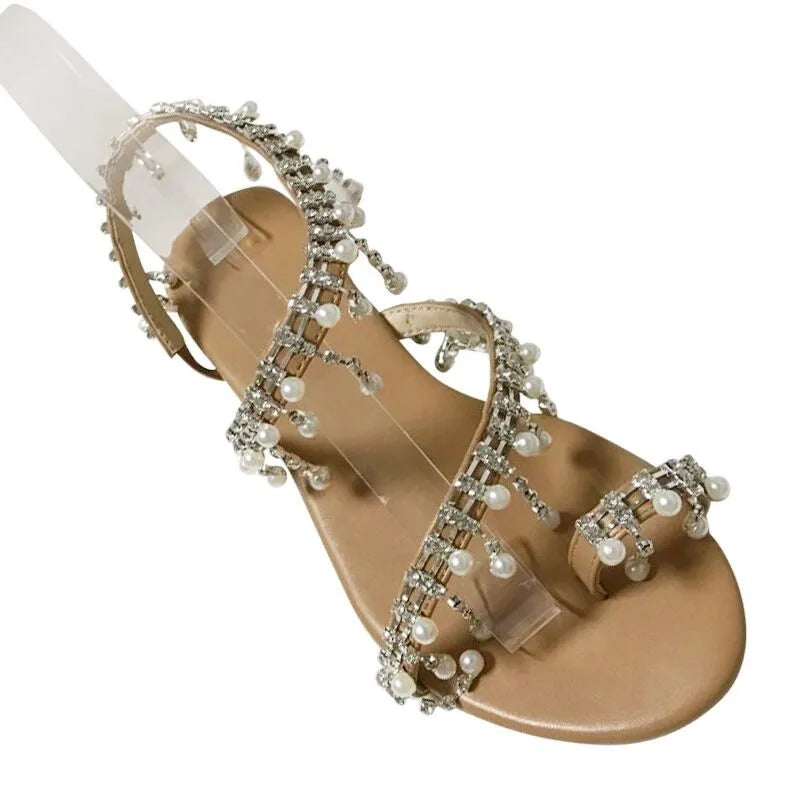 Sandália feminina BKQU com pérolas, ideal como chinelos romanos de praia para estilo e conforto