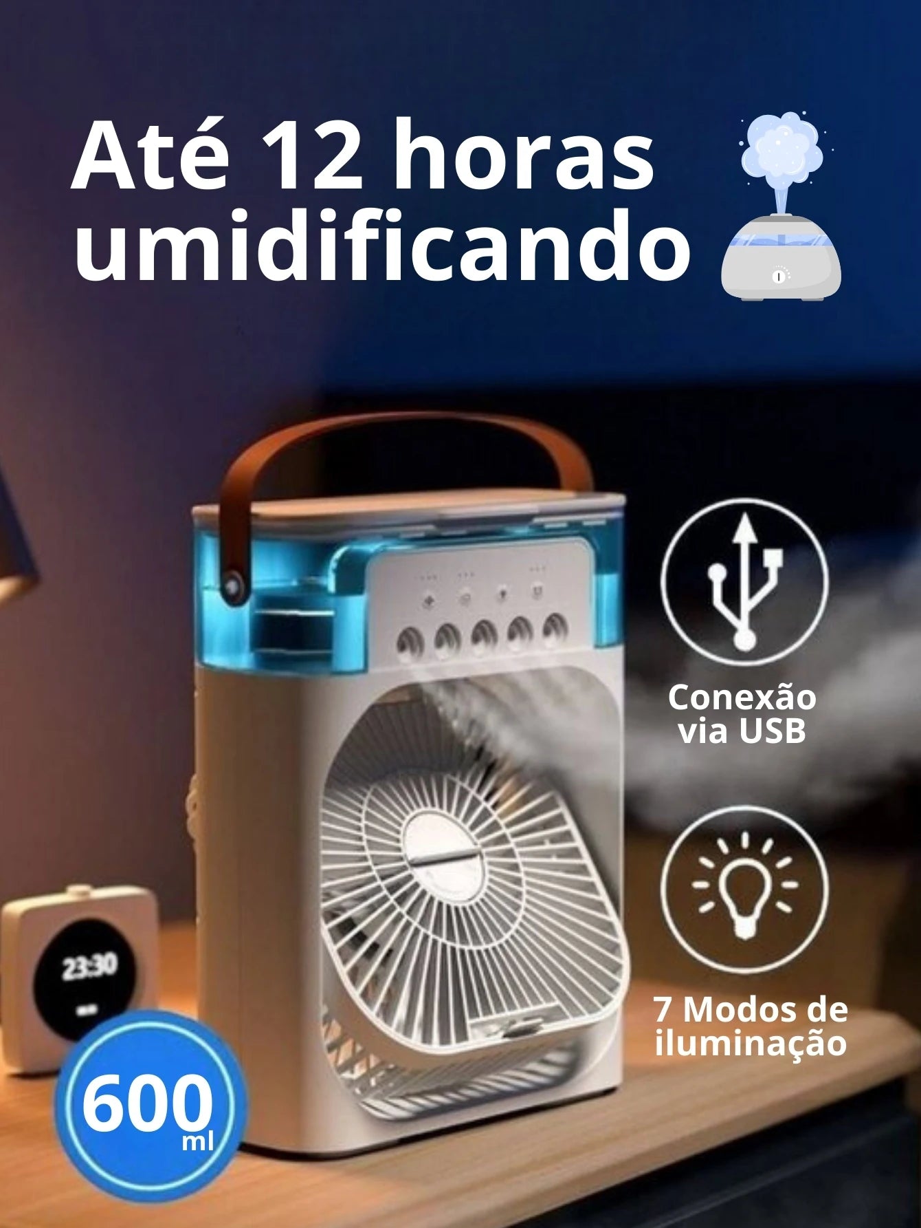 Mini ventilador umidificador O Badalo do sino, climatizador de mesa eficiente com até 12 horas de umidificação