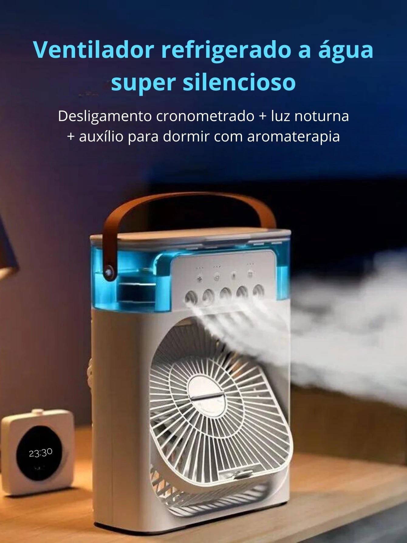 Mini ventilador umidificador climatizador de mesa eficiente com luz noturna e desligamento cronometado