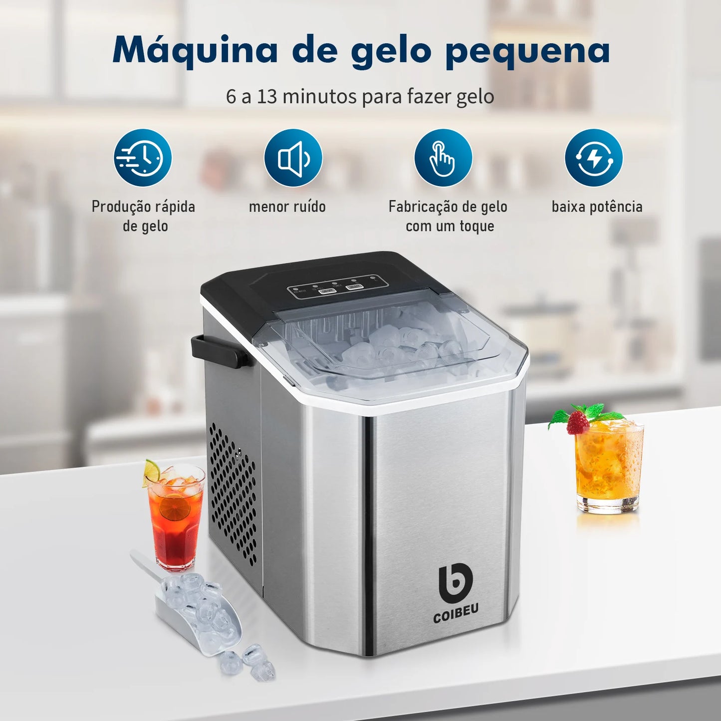 Máquina de gelo portátil compacta com capacidade de produção rápida de gelo em até 13 minutos