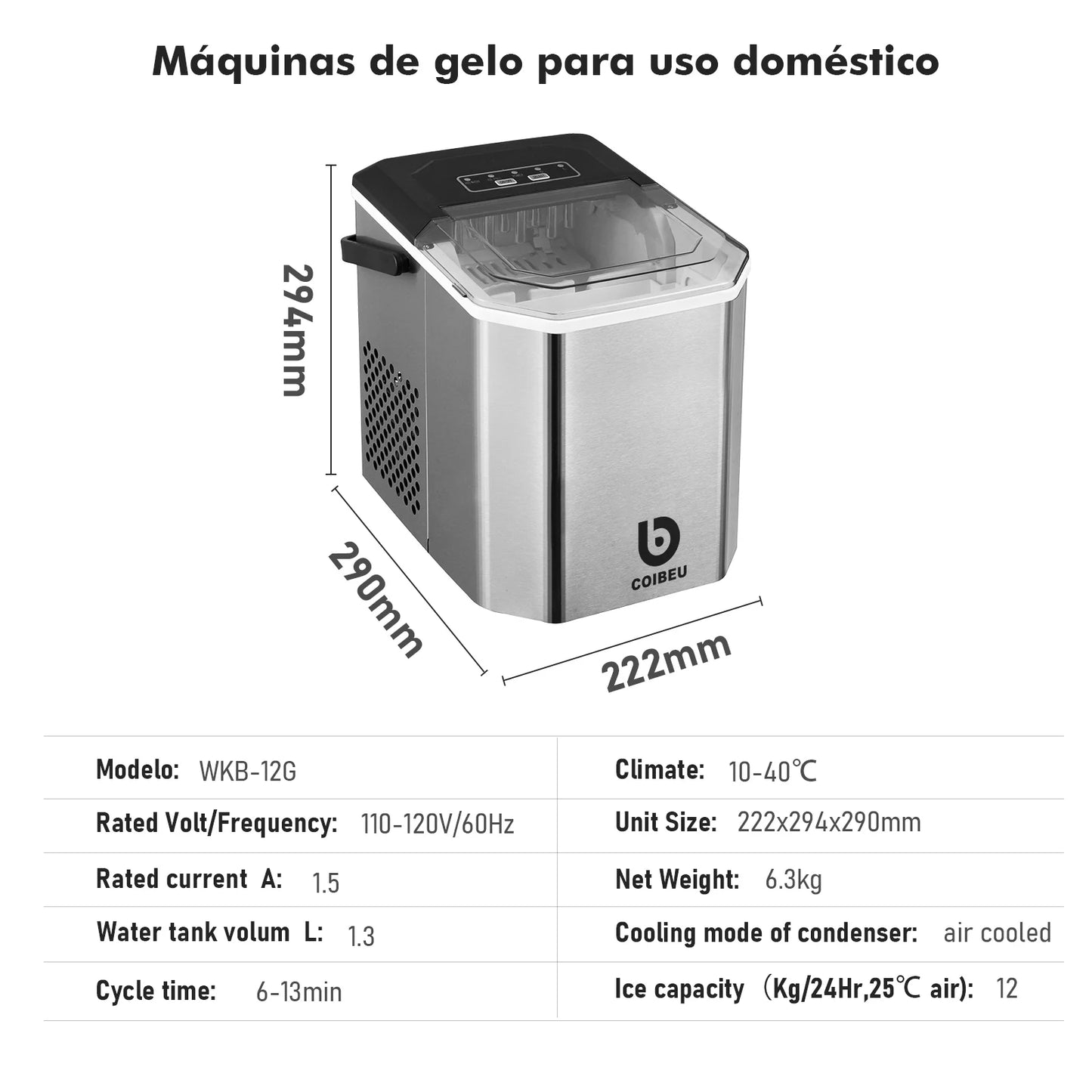 Máquina de gelo portátil Coibeu WKB-12G em inox com capacidade de 12 kg por dia e design compacto
