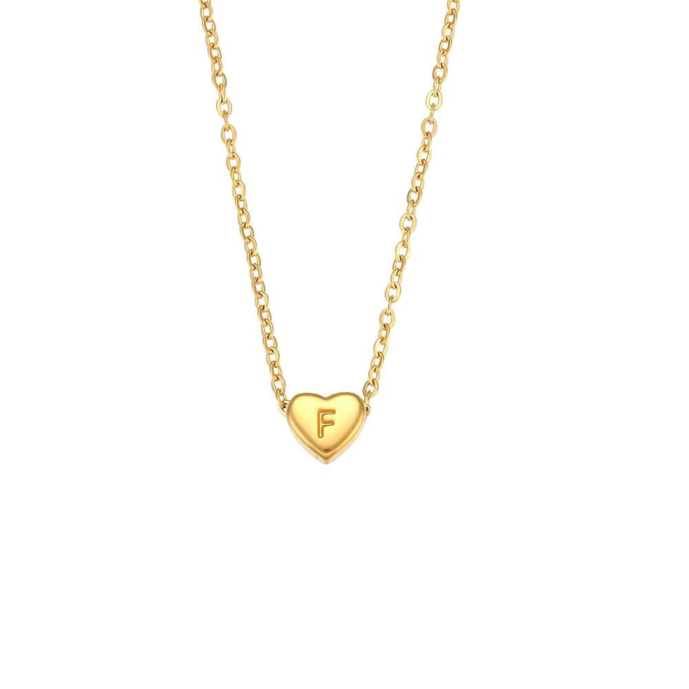 Colar feminino banhado a ouro 18k com pingente em formato de coração e letra F