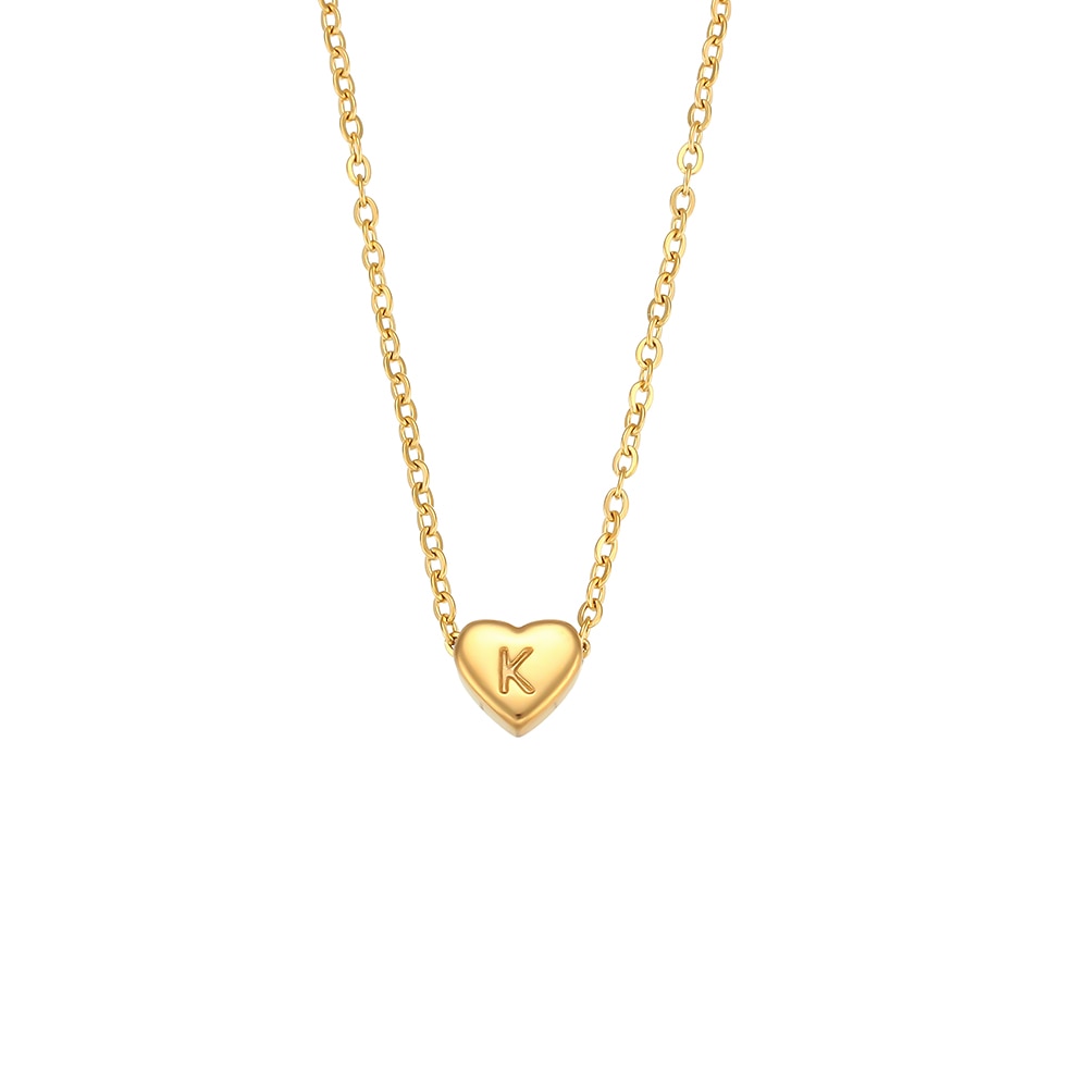 Colar feminino banhado a ouro 18k com pingente em forma de coração e letra K
