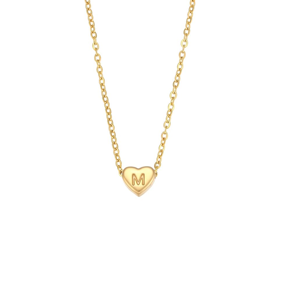 Colar feminino banhado a ouro 18k com pingente em forma de coração e letra M