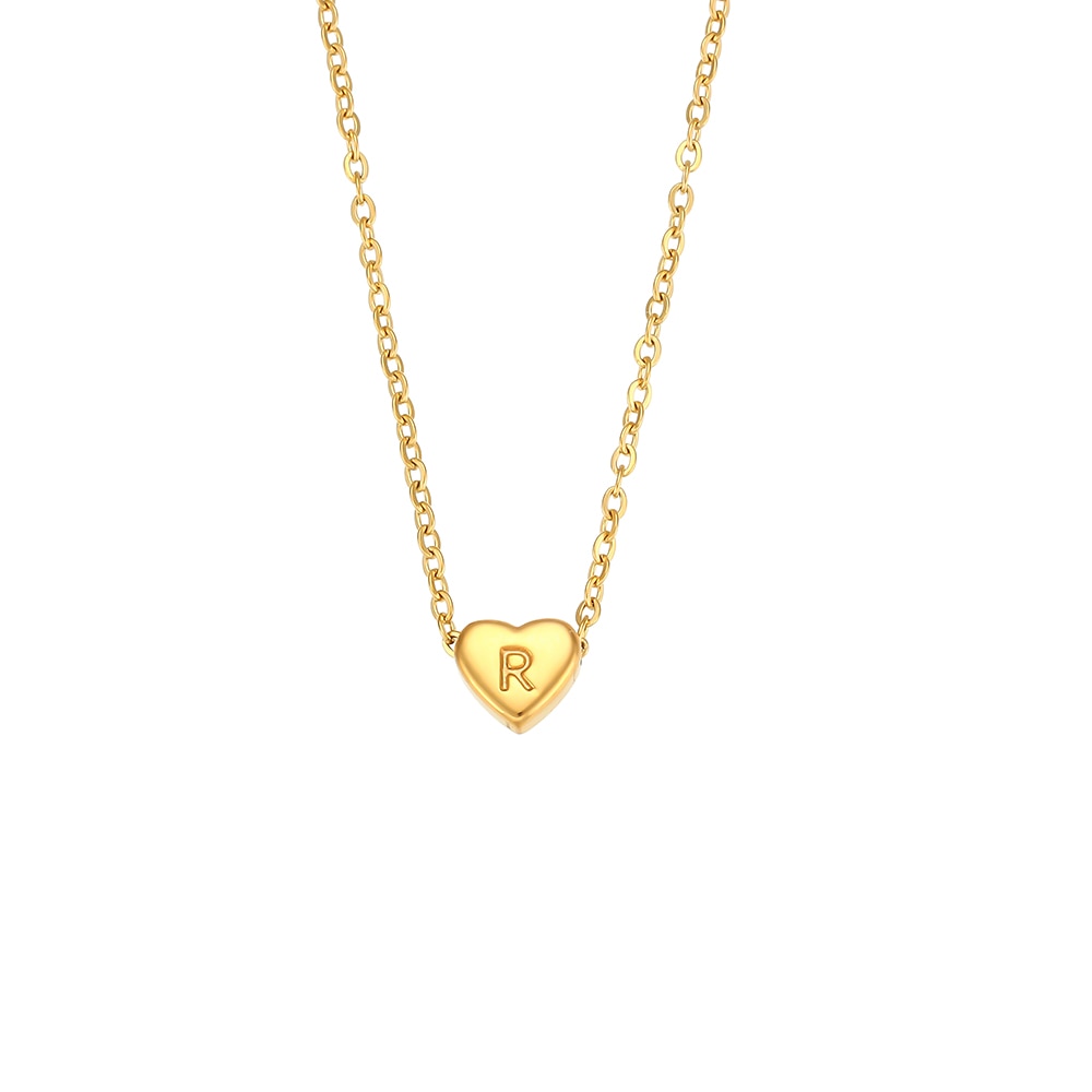 Colar feminino banhado a ouro 18k com pingente em forma de coração e inicial 'R'