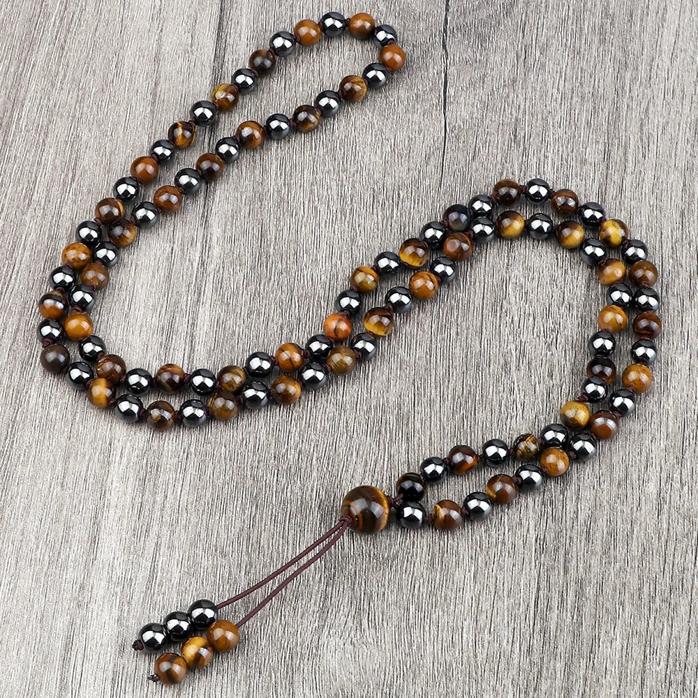 Colar multicolorido pedras naturais da RELIATONNY com contas de olho de tigre e obsidiana.