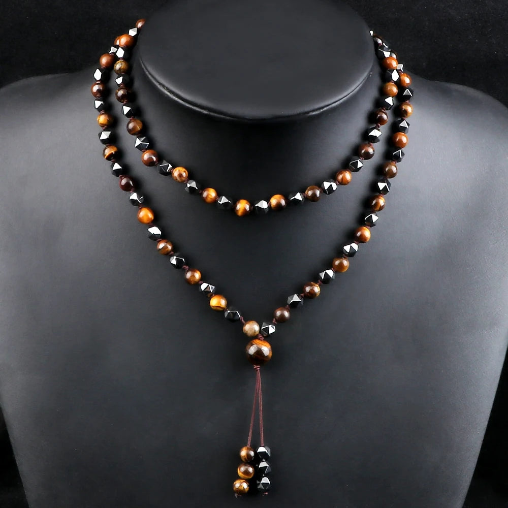 Colar multicolorido pedras naturais de tigre com design elegante e franjas para meditação