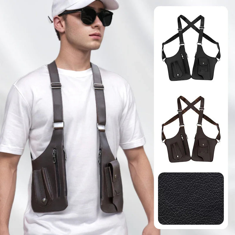 Bolsa masculina estilo coldre de couro medieval com design prático e compartimentos multifuncionais