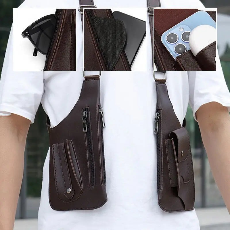 Bolsa masculina marrom com coldre de couro medieval e compartimentos para óculos e celular