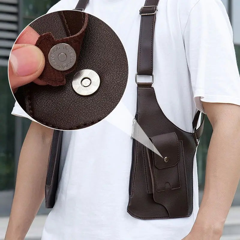 Bolsa masculina com coldre de couro medieval e fecho magnético para fácil acesso e estilo clássico