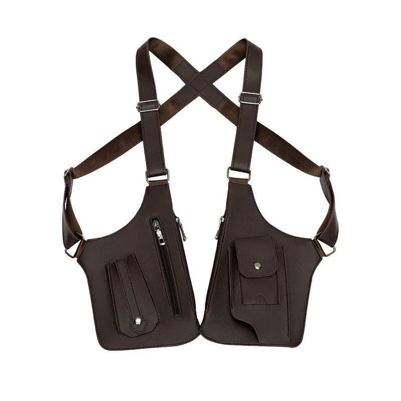 Bolsa masculina estilo coldre de couro medieval com alças cruzadas e compartimentos para armazenamento