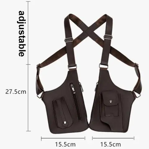 Bolsa masculina com design ajustável e coldre de couro medieval, ideal para uso diário e estilo modernos.