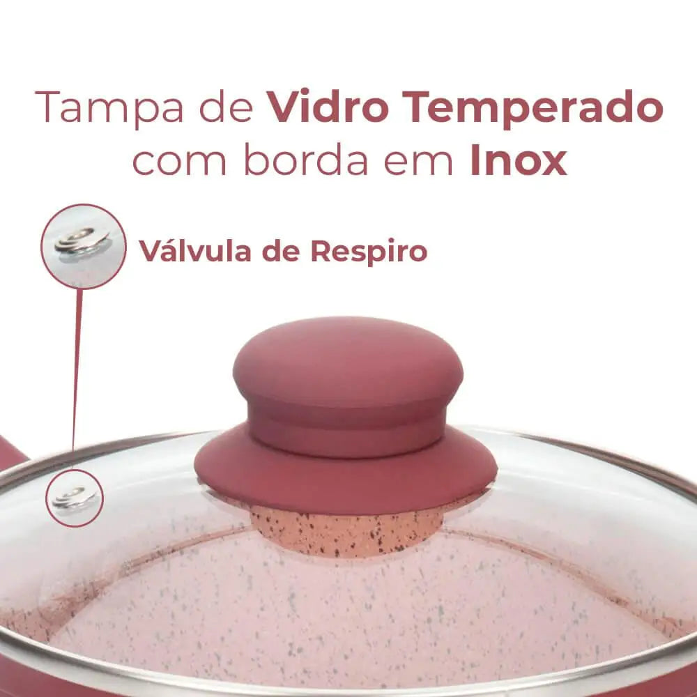 Conjunto de panelas 4,5 mm com tampa de vidro temperado e borda em inox, incluindo válvula de respiro.