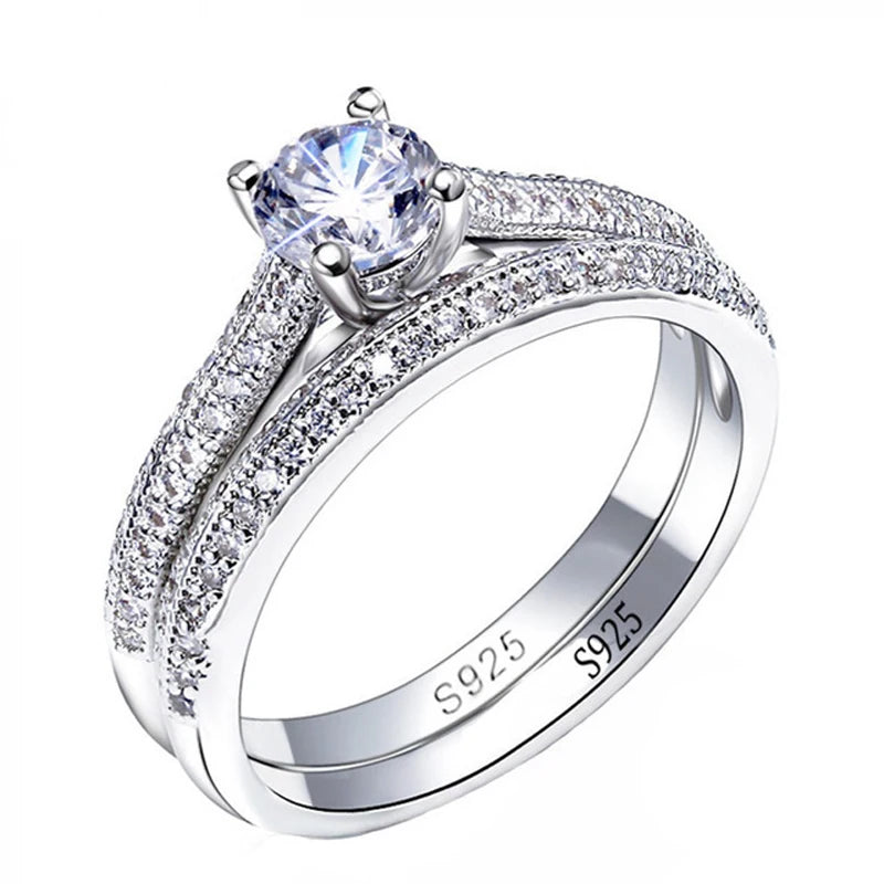 Anel feminino de compromisso em conjunto de prata 925 feminina com pedra central brilhante