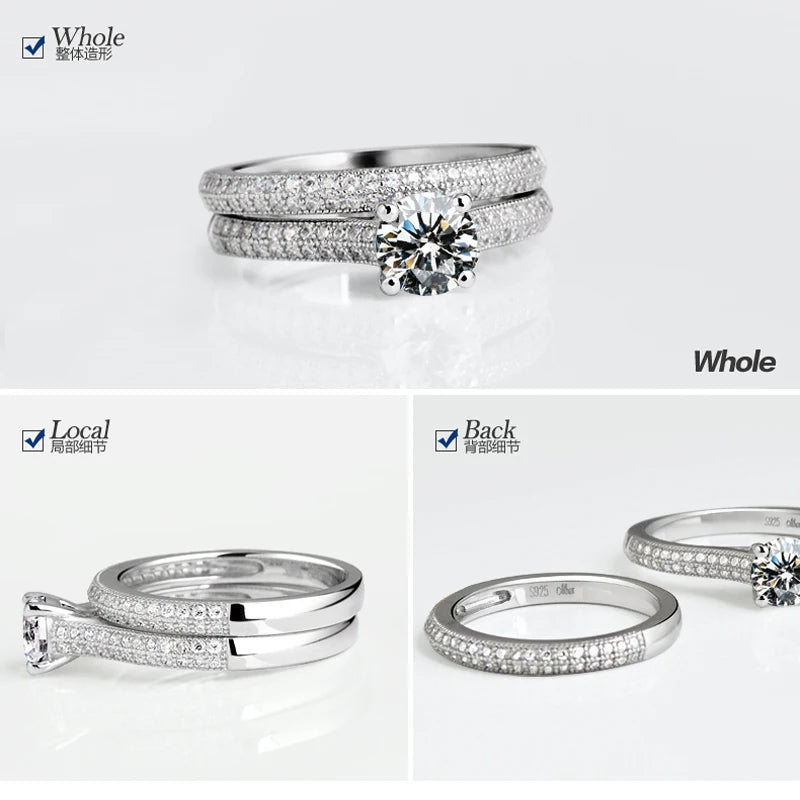 Conjunto de prata 925 feminina com anel de compromisso com pedra central brilhante e detalhes em zirconia