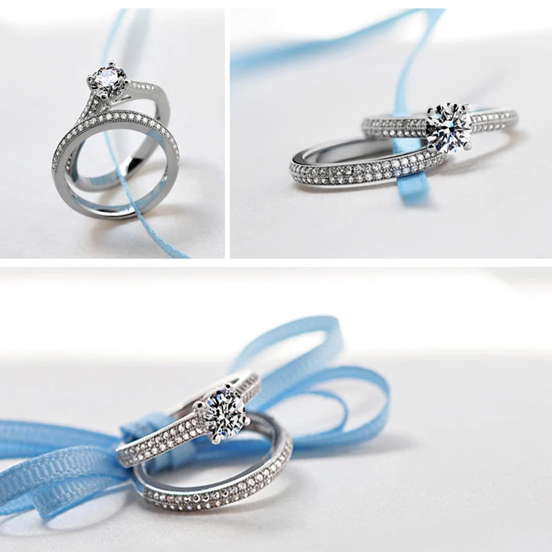 Anel feminino de compromisso em conjunto de prata 925 feminina com brilhantes e design elegante