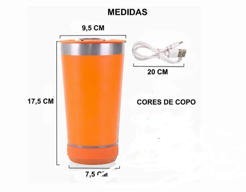 Copo bluetooth 420 ml laranja com design moderno e tamanho compacto de 17,5 cm, perfeito para bebidas e música.