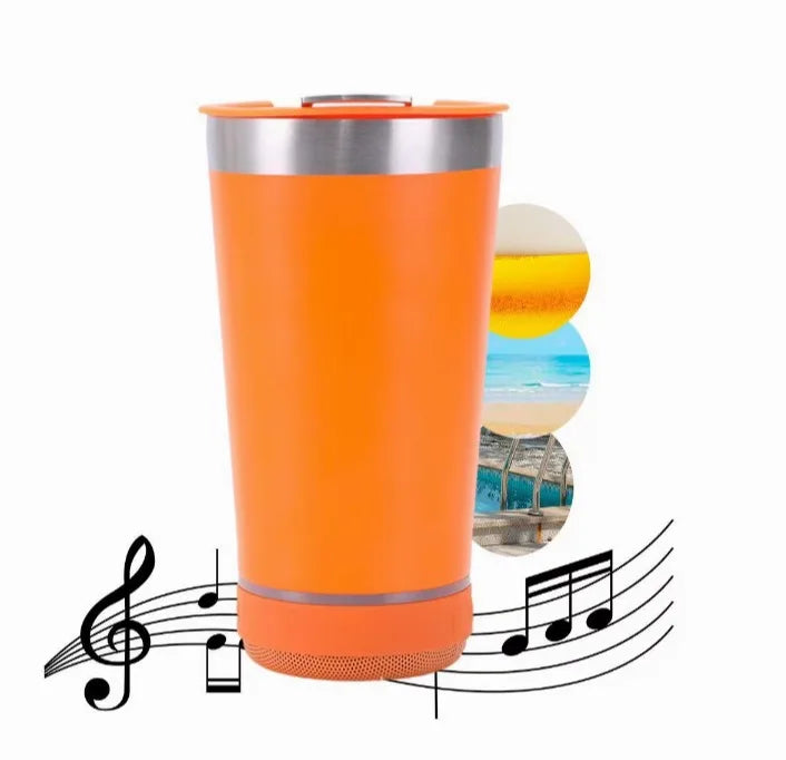 Copo bluetooth 420 ml laranja com caixa de som acoplada para aproveitar música e bebidas geladas