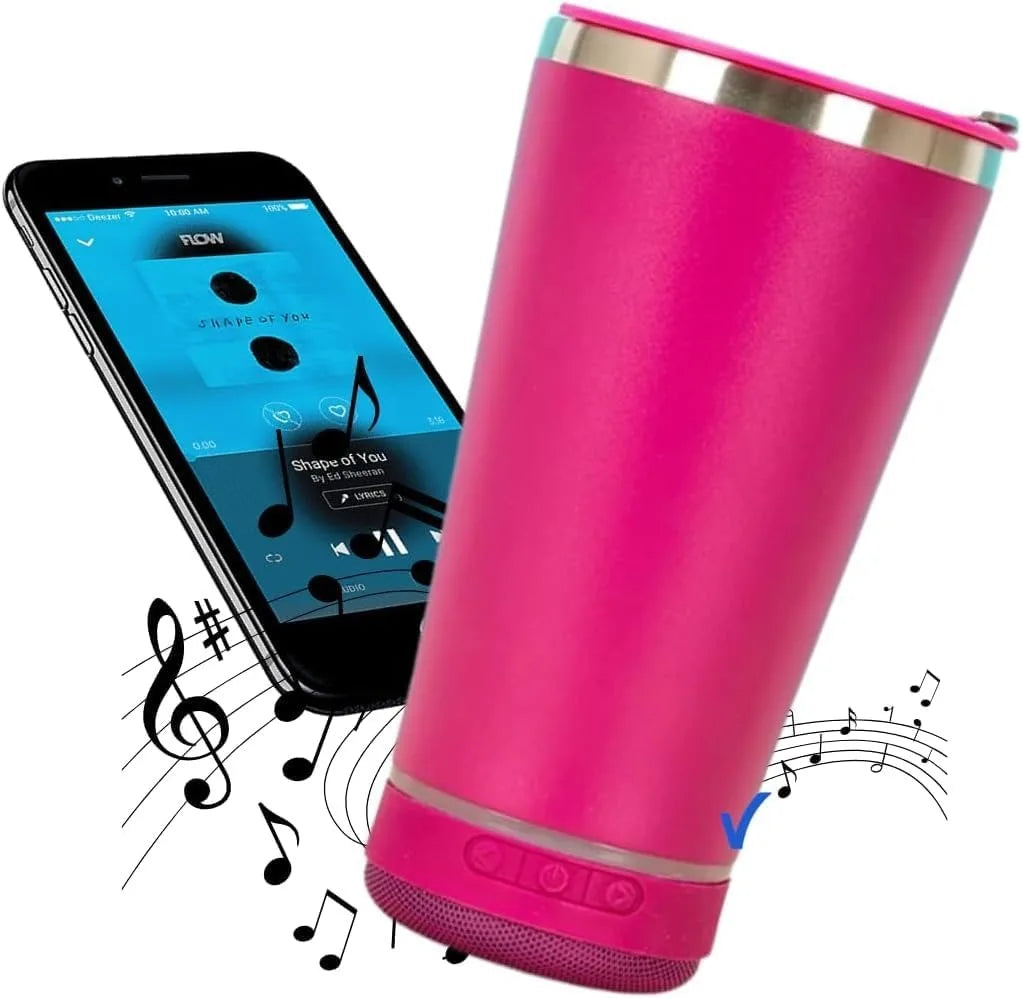 Copo bluetooth 420 ml rosa com caixa de som embutida e smartphone tocando música