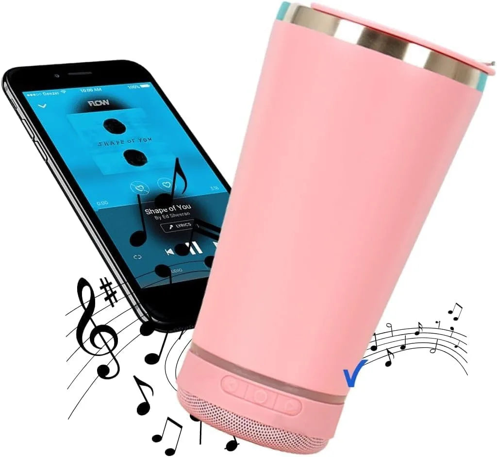 Copo bluetooth 420 ml rosa com caixa de som acoplada e conexão ao smartphone
