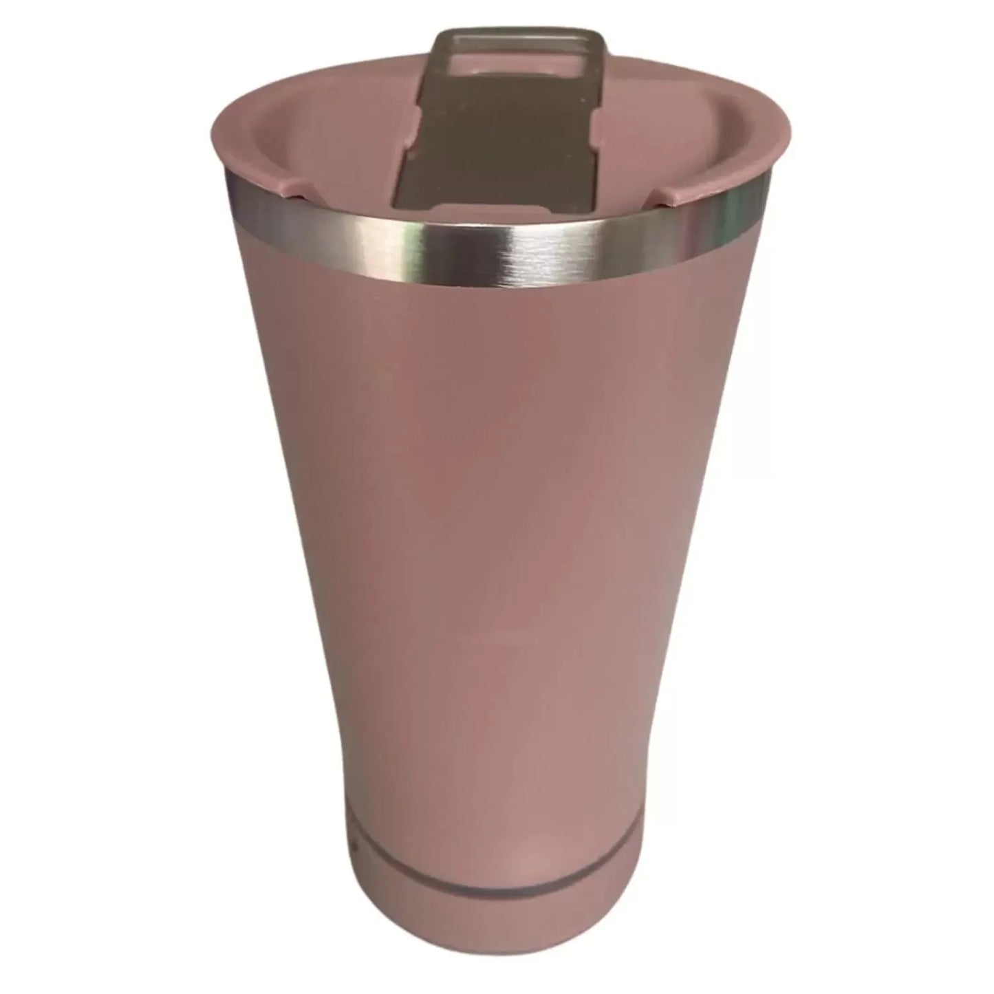 Copo bluetooth 420 ml em rosa com tampa de aço inox, ideal para bebidas quentes e com caixa de som acoplada