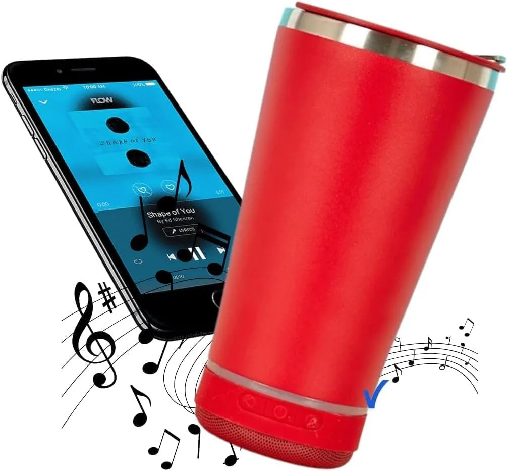 Copo bluetooth 420 ml vermelho com caixa de som acoplada e smartphone tocando música