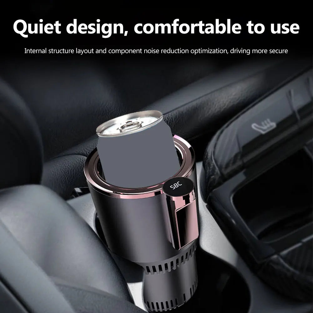 Copo inteligente quente e frio em design silencioso, ideal para uso no carro.