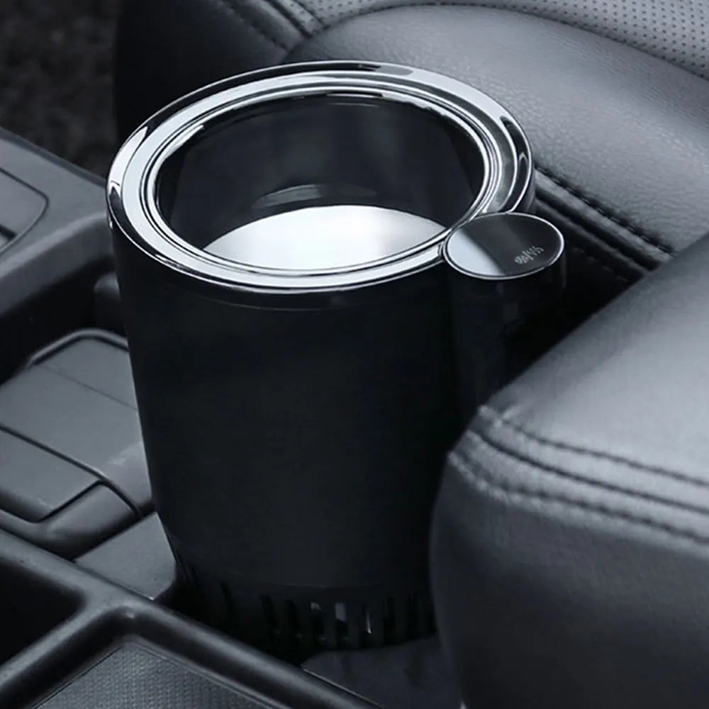 Copo inteligente quente e frio em preto, ideal para manter bebidas na temperatura desejada no carro