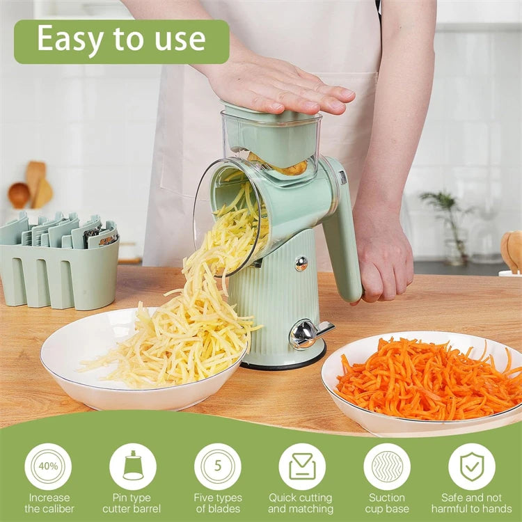ralador de queijo e legumes rotativo LMETJMA verde menta com base de sucao em uso na cozinha
