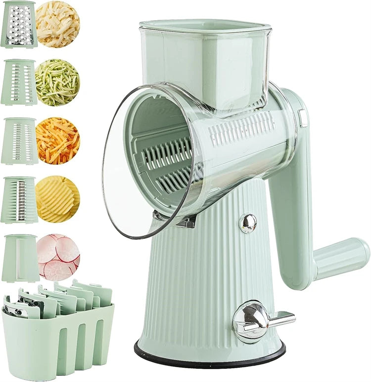 ralador de queijo e legumes rotativo LMETJMA em verde menta com 5 cilindros intercambiaveis e manivela
