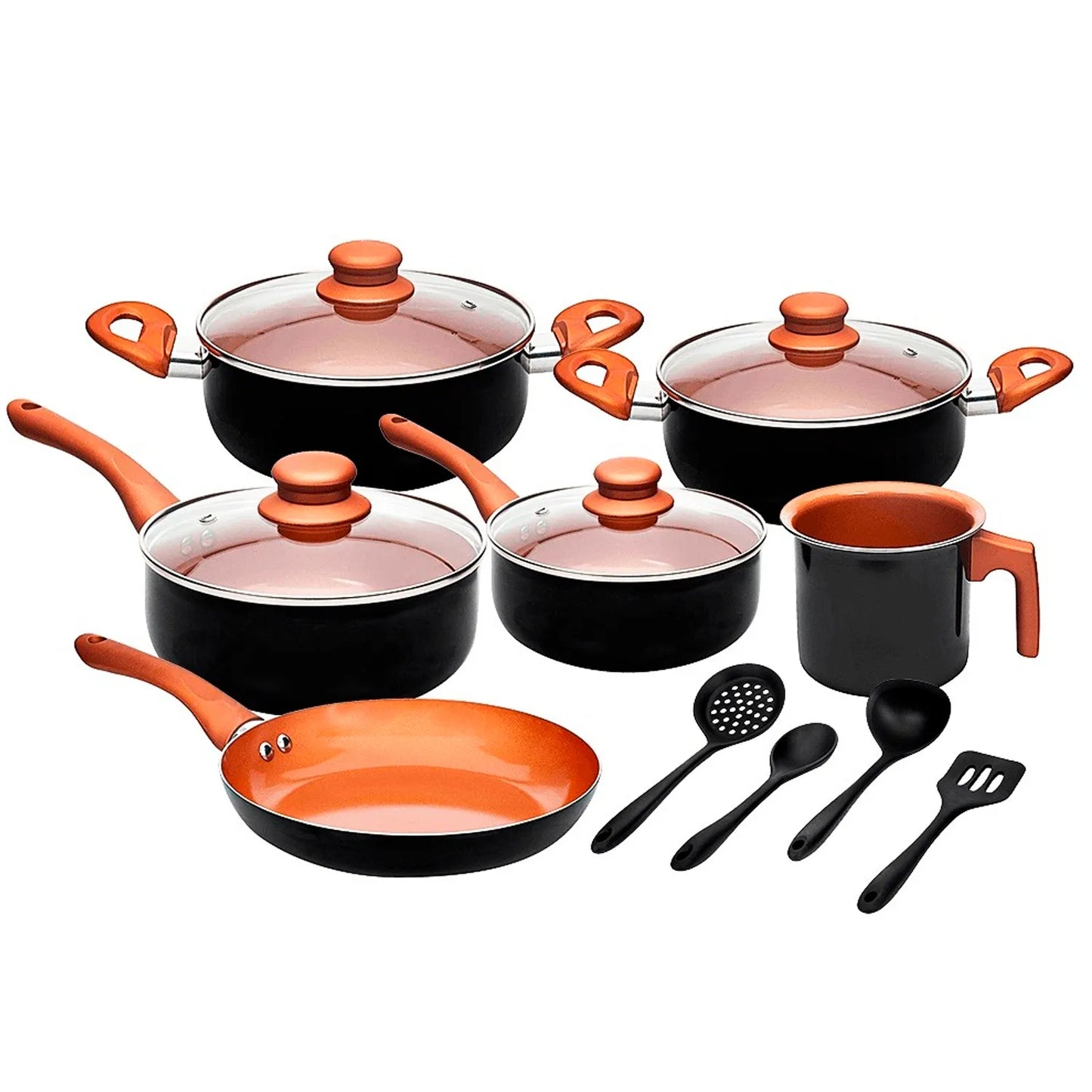 Conjunto de panelas e utensílios de cozinha antiaderente CASAMBIENTE com 10 peças em cor preto e laranja