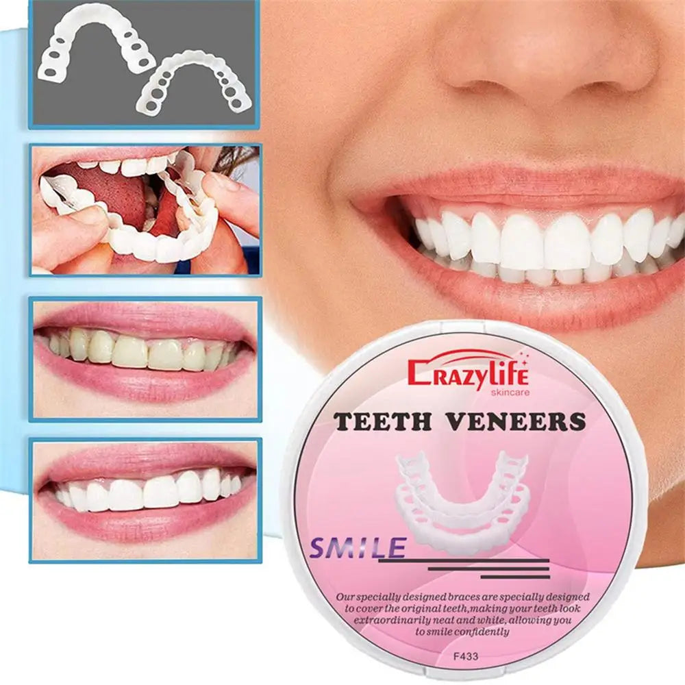 Embalagem CRAZY LIFE com folheados SnapOn para dentes mostrando aplicacao e antes e depois do sorriso branco