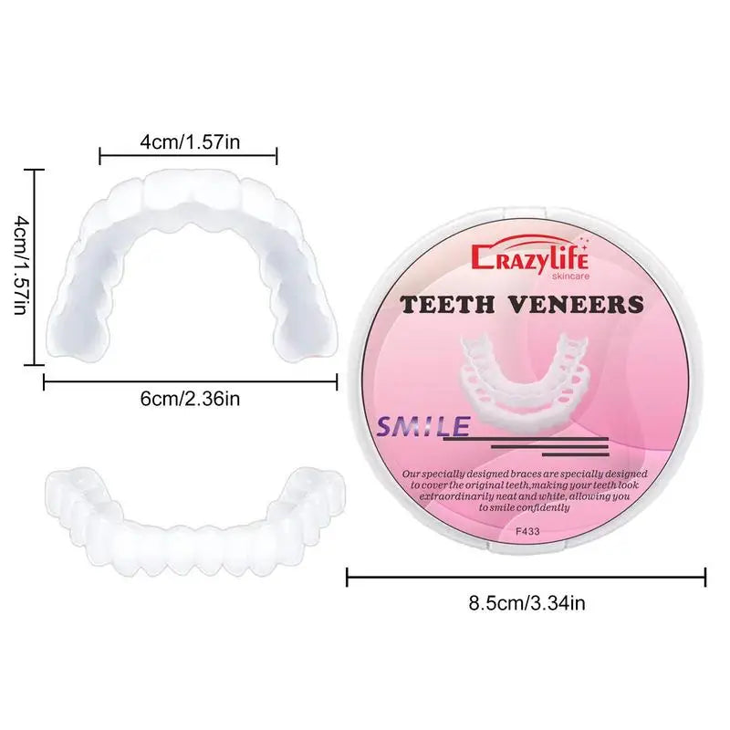 Facetas dentárias CRAZY LIFE mostrando molde transparente e estojo rosa e folheados SnapOn para dentes