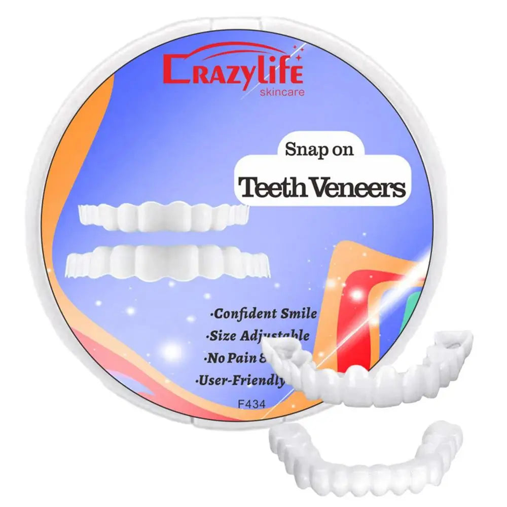 Embalagem CRAZY LIFE com facetas dentárias brancas folheados SnapOn para dentes mostrando arcadas superior e inferior ajustáveis