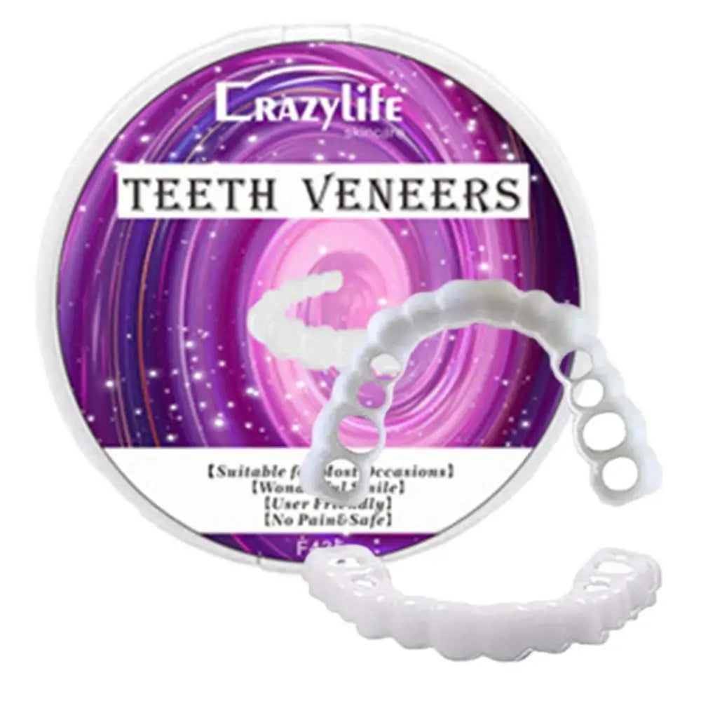 Embalagem CRAZY LIFE com facetas dentárias brancas e molde demonstrativo mostrando folheados SnapOn para dentes