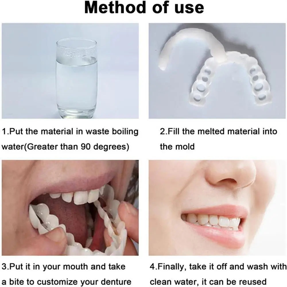 Facetas dentárias CRAZY LIFE mostrando instruções de uso para folheados SnapOn para dentes com molde e ajuste