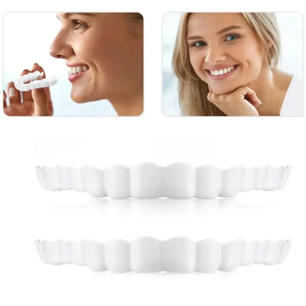 Facetas dentárias CRAZY LIFE mostrando folheados SnapOn para dentes removíveis superiores e inferiores brancos