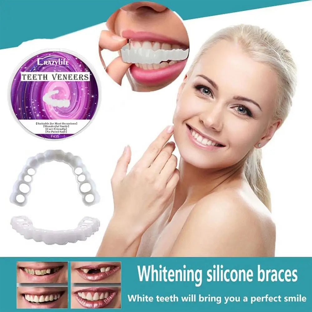 CRAZY LIFE facetas dentarias em silicone aplicacao facil mostrando embalagem e modelo em boca folheados SnapOn para dentes