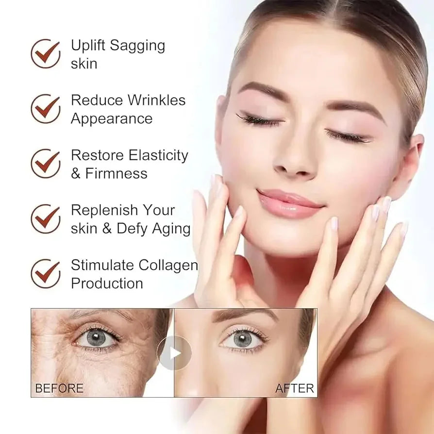Creme facial removedor de rugas mostrando resultados antes e depois com pele rejuvenescida e tonificada